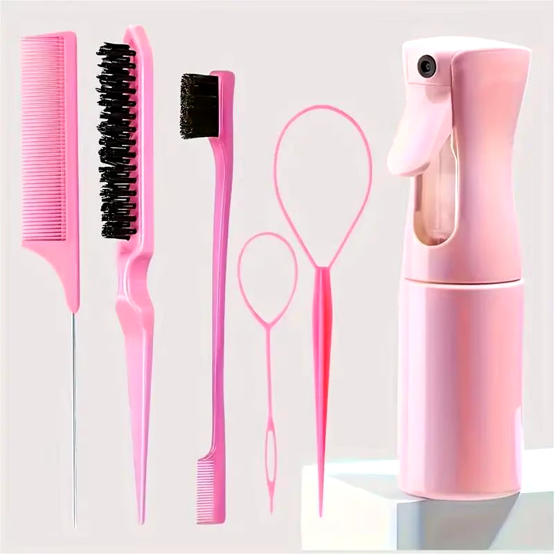 6Pcs/Set Hair Brush Set Hairdressing Spray Bottle Hair Braiding Loop Rat Tail Comb Teasing Hair Brsuh Edge Control Hair Brush